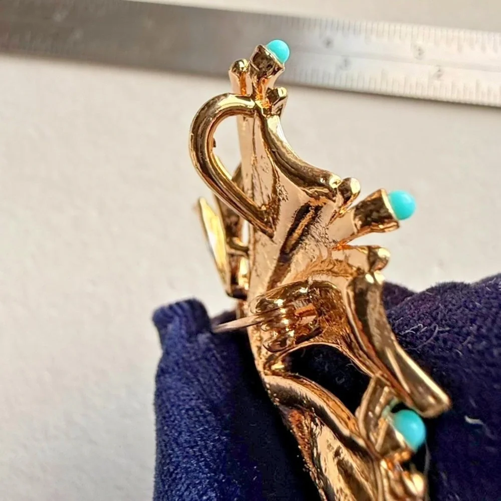Butterfly Brooch Pendant Amber Rhinestone Blue Accent Gold Tone Statement Pin